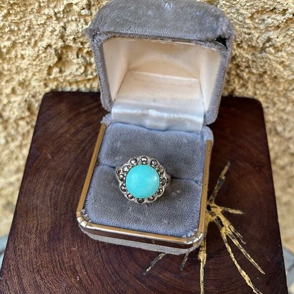 925 Sterling Silver Southwest Ring Marcasite and faux turquoise - Picture 1 of 6